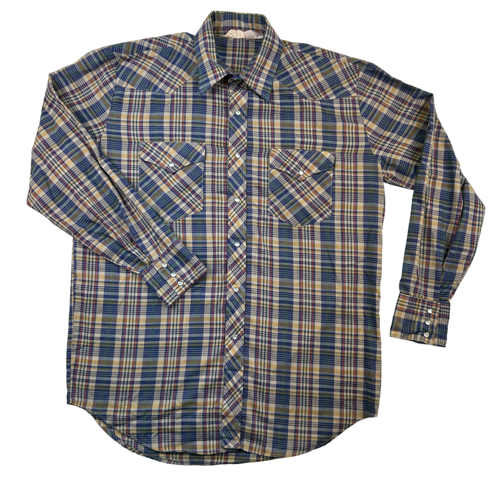 Vintage Lariat Western Pearl Snap Shirt Mens 17 Plaid Cowboy Long Sleeve